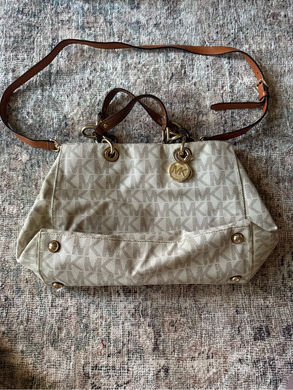 Michael Kors Beige MK Logo Tote with Brown Leather Straps